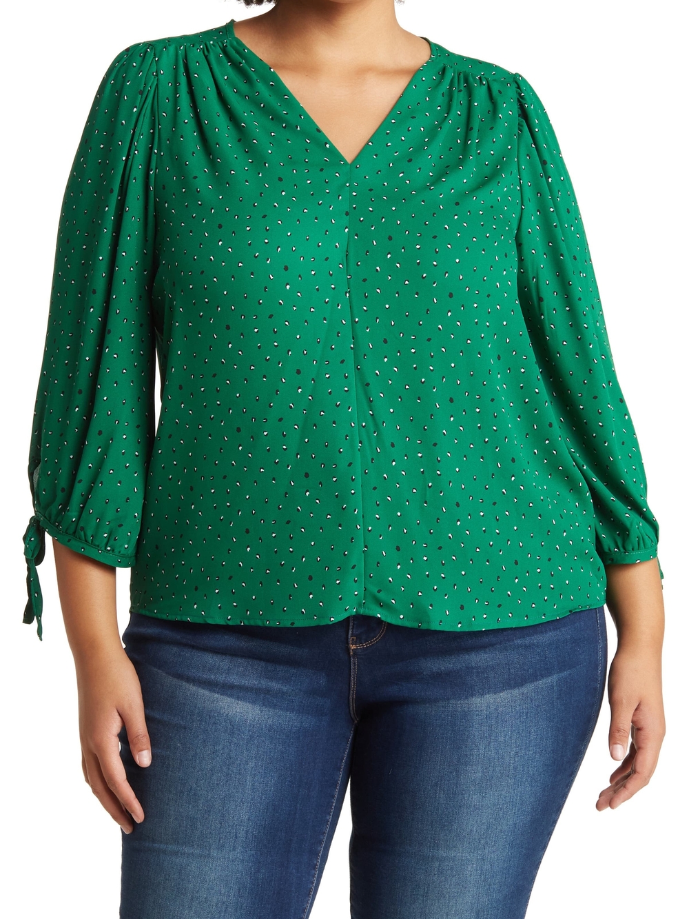 Renee C. Emerald Green V-Neck Long Sleeve Blouse with Dot Print (Size 1X)